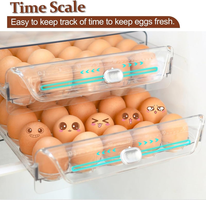 MFBJXC Egg Holder for Refrigerator,60 Eggs Clear Drawer Organizer,2 Layer Stackable Egg Holder Egg Trays,Egg Storage Container with Time Scale for Fridge Countertop Cabinet - Image 4